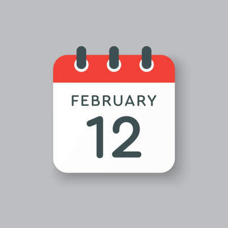 Icon page calendar day - 12 February. 12th days of the month, vector illustration flat style. Date day week Sunday, Monday, Tuesday, Wednesday, Thursday, Friday, Saturday. Winter holidays in Februaryのイラスト素材