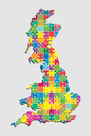 Crwative vector United Kingdom country map made pieces puzzle jigsaw isolated on background. Template Europe trip, pattern, report, infographic, backdrop. European nation business silhouette sign concept.のイラスト素材