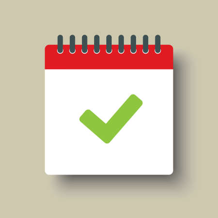 Vector square icon page calendar - mark done, yes, success, check, approved, confirm. Vector illustration flat style. Completed Sunday Monday Tuesday Wednesday Thursday Friday Saturdayのイラスト素材