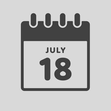 Icon page calendar day - 18 July. Date day of week Sunday, Monday, Tuesday, Wednesday, Thursday, Friday, Saturday. 18th days of the month, vector illustration flat style. Summer holidays in Julyのイラスト素材