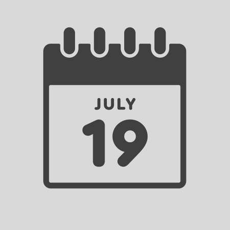 Icon page calendar day - 19 July. Date day of week Sunday, Monday, Tuesday, Wednesday, Thursday, Friday, Saturday. 19th days of the month, vector illustration flat style. Summer holidays in Julyのイラスト素材