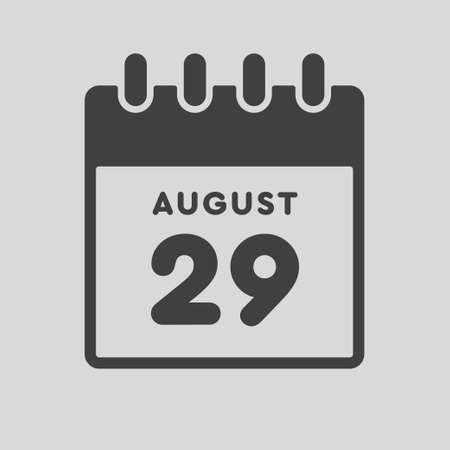 Icon page calendar day - 29 August. Date day of week Sunday, Monday, Tuesday, Wednesday, Thursday, Friday, Saturday. 29th days of the month, vector illustration flat style. Summer holidays in Augustのイラスト素材
