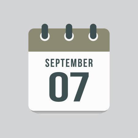 Icon page calendar day - 7 September. Date day week Sunday, Monday, Tuesday, Wednesday, Thursday, Friday, Saturday. 7th days of the month, vector illustration flat style. Autumn holidays in Septemberのイラスト素材