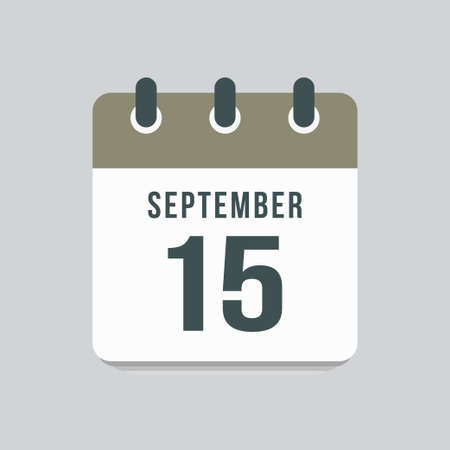 Icon page calendar day - 15 September. Date day week Sunday, Monday, Tuesday, Wednesday, Thursday, Friday, Saturday. 15th days of the month, vector illustration flat style. Autumn holidays in Septemberのイラスト素材
