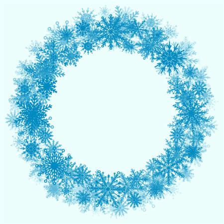 Festive wreath with snowflakes for New Year and Christmas illustration. Frame for text greeting card. White circle ornaments with wreath decoration of snowflakes. Snowflake in winter seasonのイラスト素材