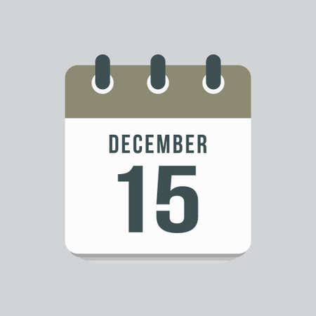 Icon page calendar day - 15 December. Date day week Sunday, Monday, Tuesday, Wednesday, Thursday, Friday, Saturday. 15th days of the month, vector illustration flat style. Winter holidays in Decemberのイラスト素材