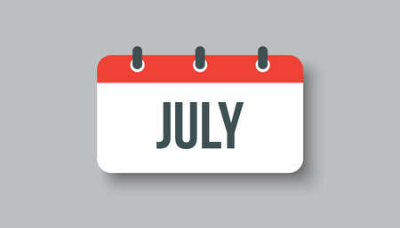 Vector icon calendar page summer month - July. Rectangle sign of the season. Vector icon illustration. Date day of month Sunday, Monday, Tuesday, Wednesday, Thursday, Friday, Saturday. Holidays date.のイラスト素材