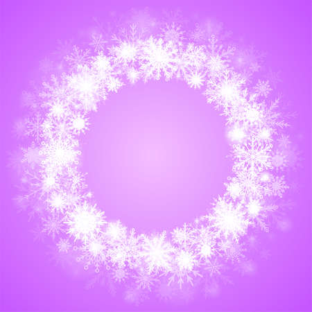 Festive wreath with snowflakes for New Year and Christmas illustration. Frame for text greeting card. White circle ornaments with wreath decoration of snowflakes. Snowflake in winter seasonのイラスト素材