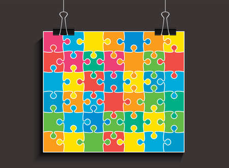 Background made color pieces puzzle. Vector square banner jigsaw template with particles, details, tiles, parts. Poster frame pattern for education and presentation with element piece puzzleのイラスト素材