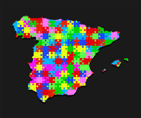 Creative vector map Spain from color puzzle pieces isolated on background. Abstract template Europe country for pattern, design, illustration, backdrop. Concept outline of the map state Spainのイラスト素材