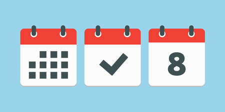 Set vector icons page calendar - number 8, mark done, agenda app. Date of week, month, year. Marks business, deadline, date icon. Yes, success, check, approved, confirm reminder and scheduleのイラスト素材
