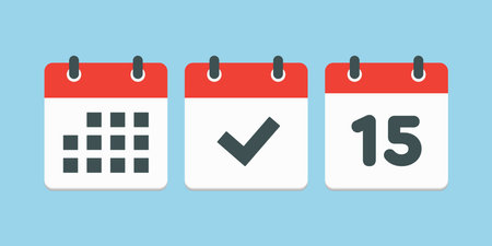 Set vector icons page calendar - number 15, mark done, agenda app. Date of week, month, year. Marks business, deadline, date icon. Yes, success, check, approved, confirm reminder and scheduleのイラスト素材