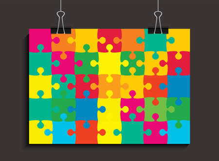 Background made color pieces puzzle. Vector square banner jigsaw template with particles, details, tiles, parts. Poster frame pattern for education and presentation with element piece puzzleのイラスト素材