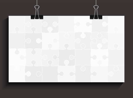 Background made gray pieces puzzle. Vector square banner jigsaw template with particles, details, tiles, parts. Poster frame pattern for education and presentation with element piece puzzleのイラスト素材