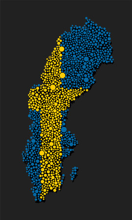 Vector silhouette Sweden with national flag from color dots isolated on background. Abstract template map Europe country flag for design, illustration, pattern, infographic, backdrop. Symbol Swedenのイラスト素材