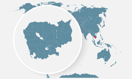 Detailed vector editable world map divided into countries - country Cambodia. Template object for pattern, design, illustration, infographic, background. Concept outline map of the state Cambodiaのイラスト素材
