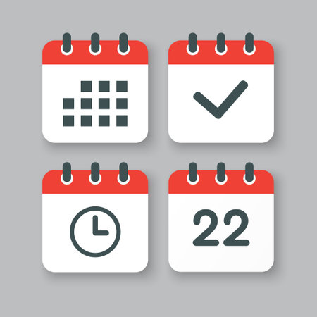 Set vector icons page calendar - number 22, agenda app, timer, mark done. Yes, success, check, approved, confirm reminder and schedule. Time, clock and reminderのイラスト素材