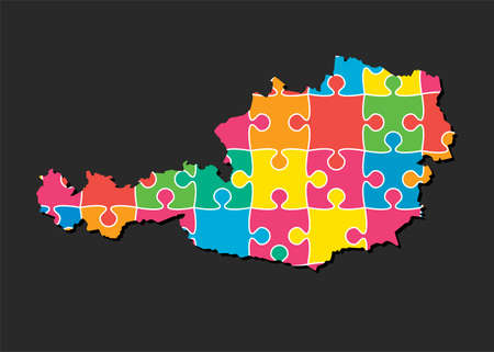 Creative vector map Austria from color puzzle pieces isolated on background. Abstract template Europe country for pattern, design, illustration, backdrop. Concept outline of the map Austriaのイラスト素材