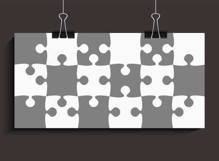 Puzzle background made white gray pieces. Vector banner jigsaw template with particles, details, tiles, parts. Poster frame pattern for education and presentationのイラスト素材