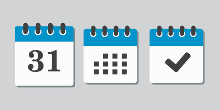 Set vector icons page calendar - number 31, mark done, agenda app. Mark business, deadline, date icon. Pictogram yes, success, check, approved, confirm and reminder. Date schedule thirty oneのイラスト素材