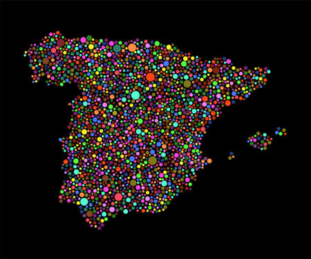 Creative vector map Spain from random color dots isolated on background. Abstract template Europe country for pattern, design, illustration, backdrop. Concept silhouette of the map state Spainのイラスト素材