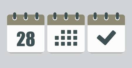 Set vector icons page calendar - number 28, mark done, agenda app. Mark business, deadline, date icon. Pictogram yes, success, check, approved, confirm and reminder. date schedule twenty-eightのイラスト素材