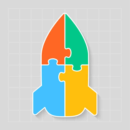 Four steps puzzle diagram infographic. Business, idea, flow concept. Template silhouette rocket for 4 options, parts, processes. Jigsaw timeline info graphic. Can be used for process, presentationのイラスト素材