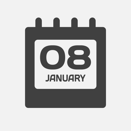 Icon page calendar day - 8 January. Days of the month, vector illustration flat style. 8th day of week Sunday, Monday, Tuesday, Wednesday, Thursday, Friday, Saturday. Date winter holidays in Januaryのイラスト素材