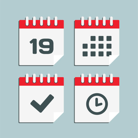 Set vector icon page calendar - number 19, agenda app, timer, mark done. Yes, success, check, approved, confirm reminder and schedule. Time, clock and reminderのイラスト素材
