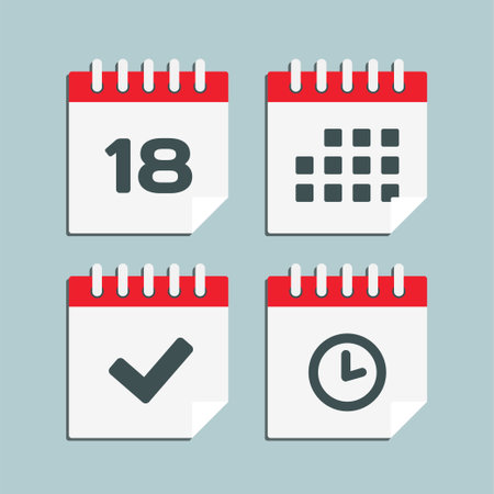 Set vector icon page calendar - number 18, agenda app, timer, mark done. Yes, success, check, approved, confirm reminder and schedule. Time, clock and reminderのイラスト素材
