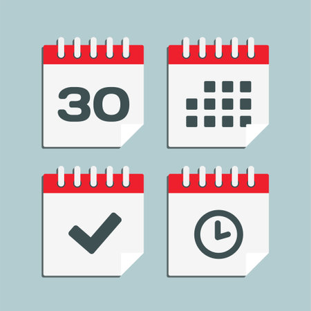 Set vector icon page calendar - number 30, agenda app, timer, mark done. Yes, success, check, approved, confirm reminder and schedule. Time, clock and reminderのイラスト素材