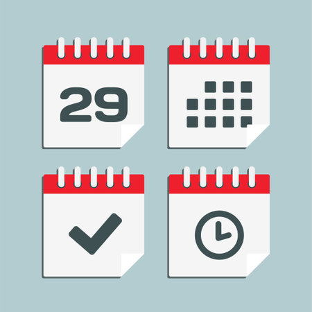 Set vector icon page calendar - number 29, agenda app, timer, mark done. Yes, success, check, approved, confirm reminder and schedule. Time, clock and reminderのイラスト素材