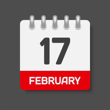 Icon page calendar day - 17 Feb. Days of the month, vector illustration flat style. 17th day of week Sunday, Monday, Tuesday, Wednesday, Thursday, Friday, Saturday. Date winter holidays in Februaryのイラスト素材