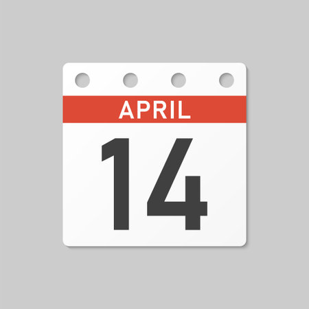 Minimal icon page calendar - 14 April. Vector illustration day of the month. 14th day of month Sunday, Monday, Tuesday, Wednesday, Thursday, Friday, Saturday. Template for anniversary, reminder, planのイラスト素材