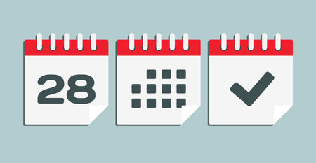 Set vector icons page calendar - day 28, mark done, agenda app. Mark business, deadline, date icon. Pictogram yes, success, check, approved, confirm and reminder. date scheduleのイラスト素材