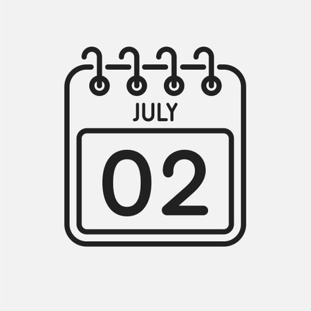 Minimal icon page calendar - July 2. Vector illustration day of the month. 2nd day of month Sunday, Monday, Tuesday, Wednesday, Thursday, Friday, Saturday. Template for anniversary, reminder, planのイラスト素材