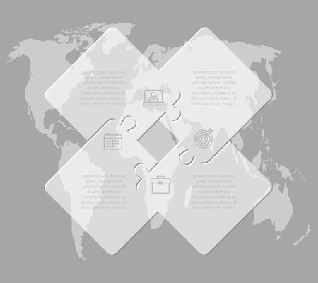 Vector diagram infographic process on 4 parts, options or processes. Template time line for diagram, graph, presentation and chart. Four steps glass cross jigsaw for business, flow conceptのイラスト素材