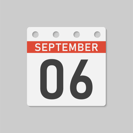Minimal icon page calendar - September 6th. Vector illustration day of month. 6th day of month Sunday, Monday, Tuesday, Wednesday, Thursday, Friday, Saturday. Template for anniversary, reminder, planのイラスト素材