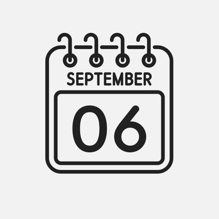 Minimal icon page calendar - September 6th. Vector illustration day of month. 6th day of month Sunday, Monday, Tuesday, Wednesday, Thursday, Friday, Saturday. Template for anniversary, reminder, planのイラスト素材