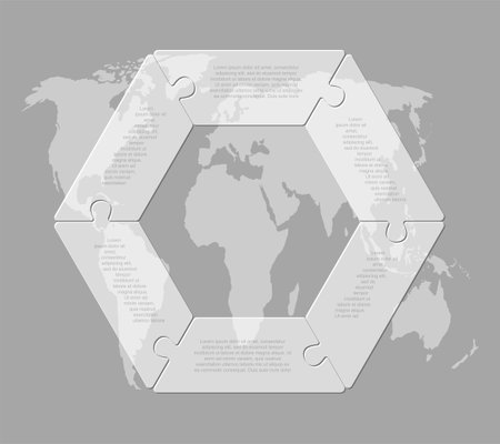 Vector diagram infographic process on 6 parts, options or processes. Template time line for diagram, graph, presentation and chart. Six steps glass circle jigsaw for business, flow conceptのイラスト素材