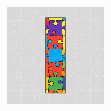 Colorful puzzle letter - I. Jigsaw creative font made of piece puzzle and isolated on gray background. Editable contourのイラスト素材