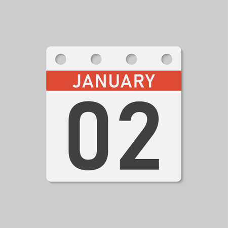 Minimal icon page calendar - 2 January. Vector illustration day of the month. 2nd day of month Sunday, Monday, Tuesday, Wednesday, Thursday, Friday, Saturday. Template for anniversary, reminder, planのイラスト素材