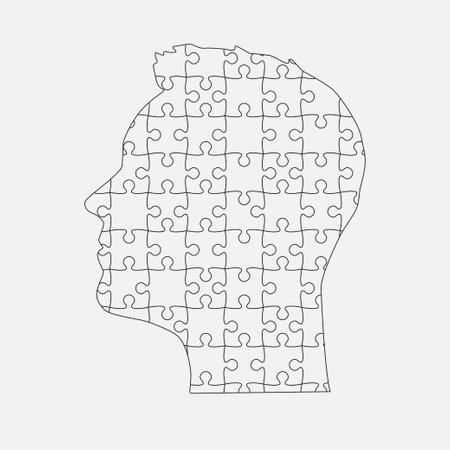 Male head made from puzzle pieces. Template for infographic, diagram, process. Man head divided into many parts. Jigsaw puzzles in mind, strategy, education. Silhouette face for psychologyのイラスト素材