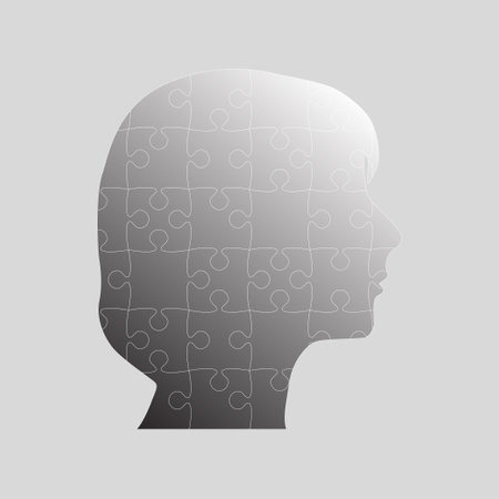 Female head made from puzzle pieces. Template for infographic, diagram, process. Woman head divided into many parts. Jigsaw puzzles in mind, strategy, education. Silhouette face for psychologyのイラスト素材