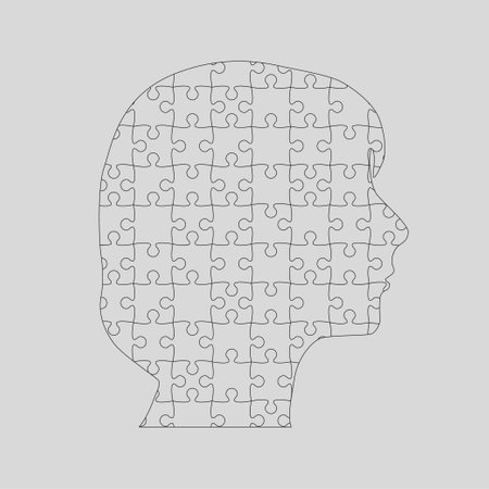 Female head made from puzzle pieces. Template for infographic, diagram, process. Woman head divided into many parts. Jigsaw puzzles in mind, strategy, education. Silhouette face for psychologyのイラスト素材