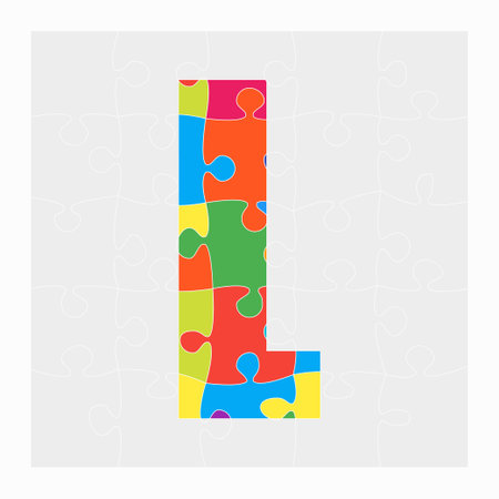Colorful puzzle letter - L. Jigsaw creative font made of piece puzzle and isolated on gray background. Editable contourのイラスト素材
