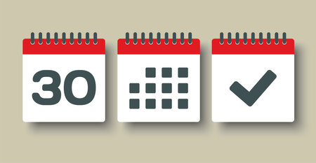 Set vector icons page calendar - day 30, mark done, agenda app. Mark business, deadline, date icon. Pictogram yes, success, check, approved, confirm and reminder. Date scheduleのイラスト素材