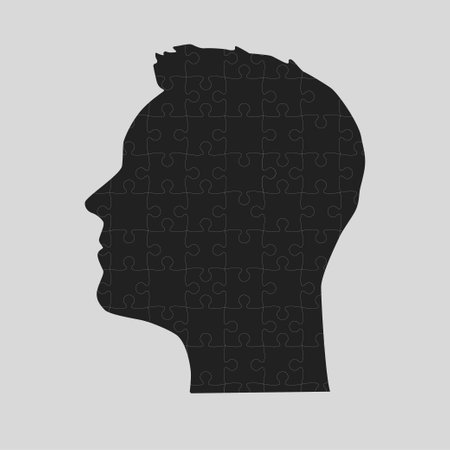 Male head made from puzzle pieces. Template for infographic, diagram, process. Man head divided into many parts. Jigsaw puzzles in mind, strategy, education. Silhouette face for psychologyのイラスト素材