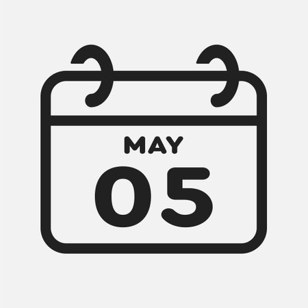 Vector icon page calendar day of month - 5 May. 5th day of month - Sunday, Monday, Tuesday, Wednesday, Thursday, Friday, Saturday. Anniversary, reminder, plan, to-do list. Calender on the wallのイラスト素材