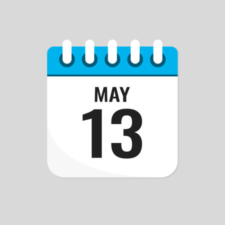 Vector icon page calendar day of month - 13 May. 13th day of month - Sunday, Monday, Tuesday, Wednesday, Thursday, Friday, Saturday. Anniversary, reminder, plan, to-do list. Calender on the wallのイラスト素材
